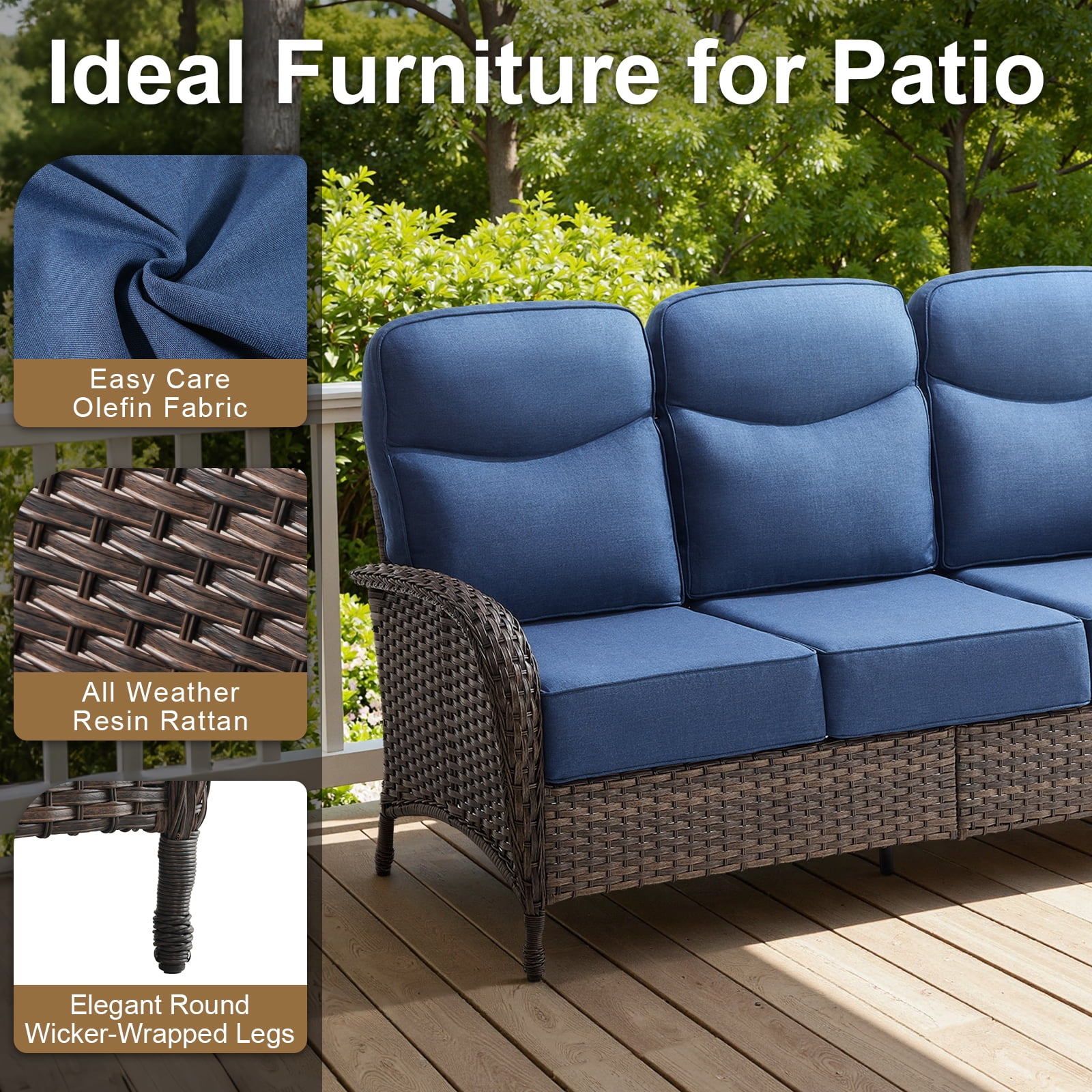 POCASSY 6-Inch Thick Cushion High Back Outdoor Wicker Patio Sofa, All Weather Brown Wicker Furniture 3-Seater Sofa Patio Couch for Porch Balcony Deck, Blue Cushion