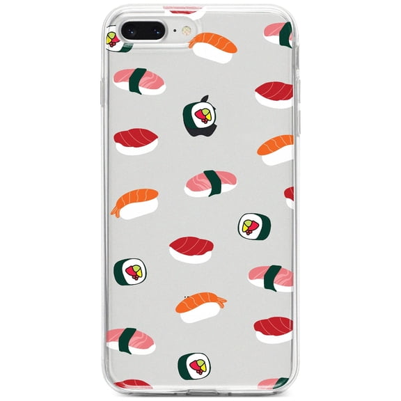 DistinctInk Clear Shockproof Hybrid Case for iPhone 7 PLUS / 8 PLUS (5.5" Screen) - TPU Bumper, Acrylic Back, Tempered Glass Screen Protector - Cartoon Sushi