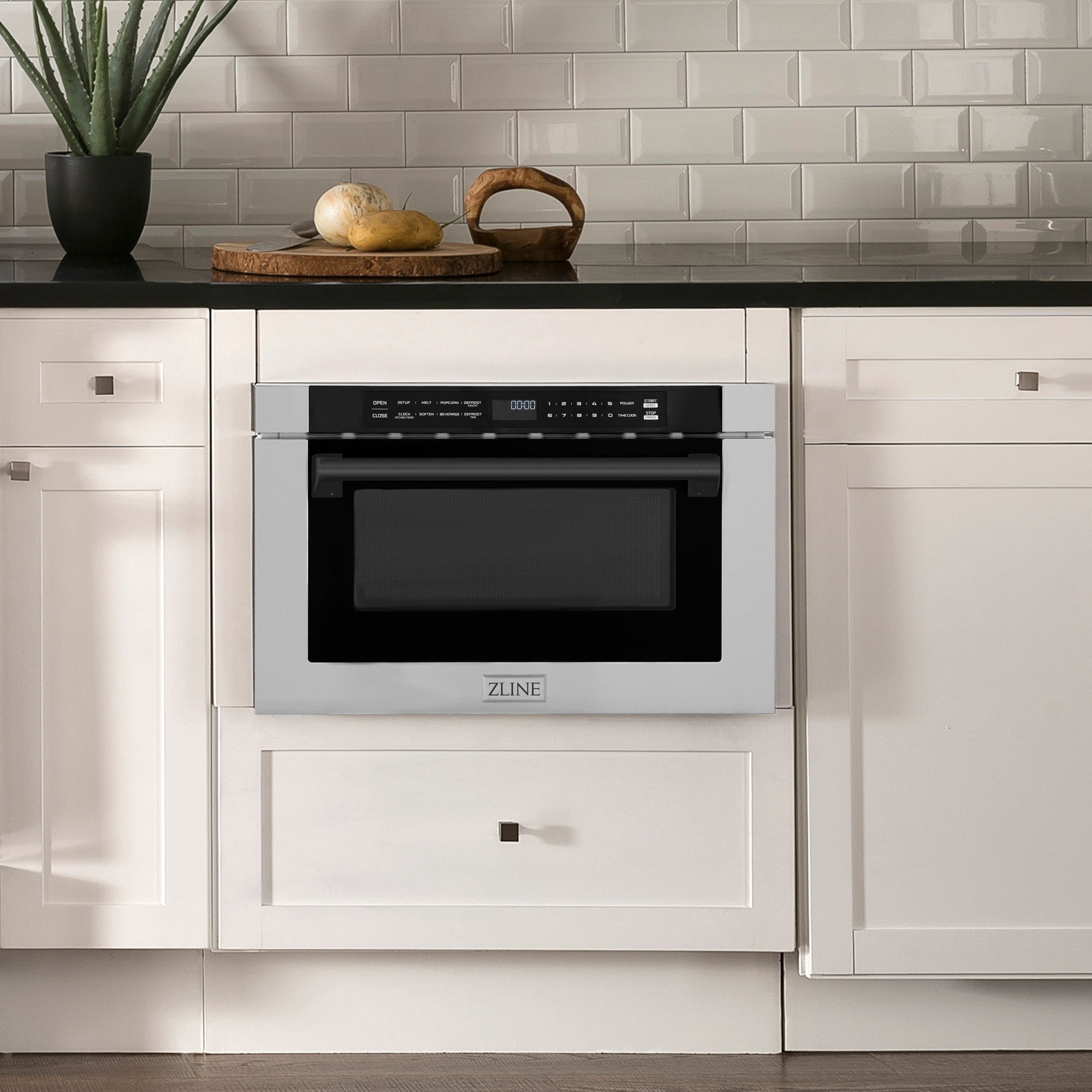ZLINE Autograph Edition 24" 1.2 cu. ft. Built-in Microwave Drawer with a Traditional Handle in Stainless Steel and Matte Black Accents