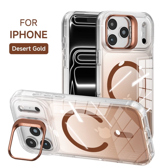 Luxury Magnetic Phone Case For iPhone 16 Pro Max, Built-in Invisible Camera Stand Case Compatible with MagSafe, Shockproof Clear Back Cover Slim Fit Shell For iPhone 16 Pro Max, Desert Gold