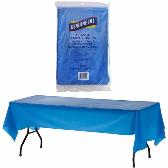 Genuine Joe, GJO10325, Plastic Rectangular Table Covers, 6 / Pack, Blue