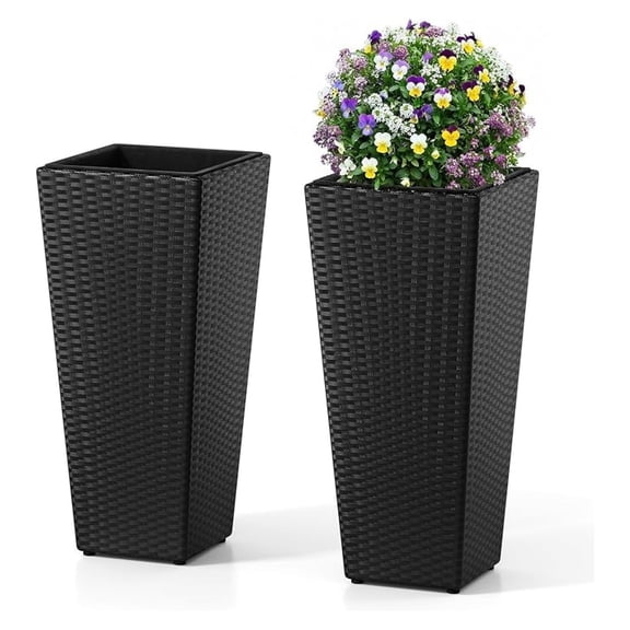 24" Tall Rattan Plant Pots Set of 2, Outdoor Taper Planter w/Detachable Inner Flower Pots, Metal Frame & Adjustable Foot Pads, Decorative Wicker Planter Boxes for Porch Patio Backyard