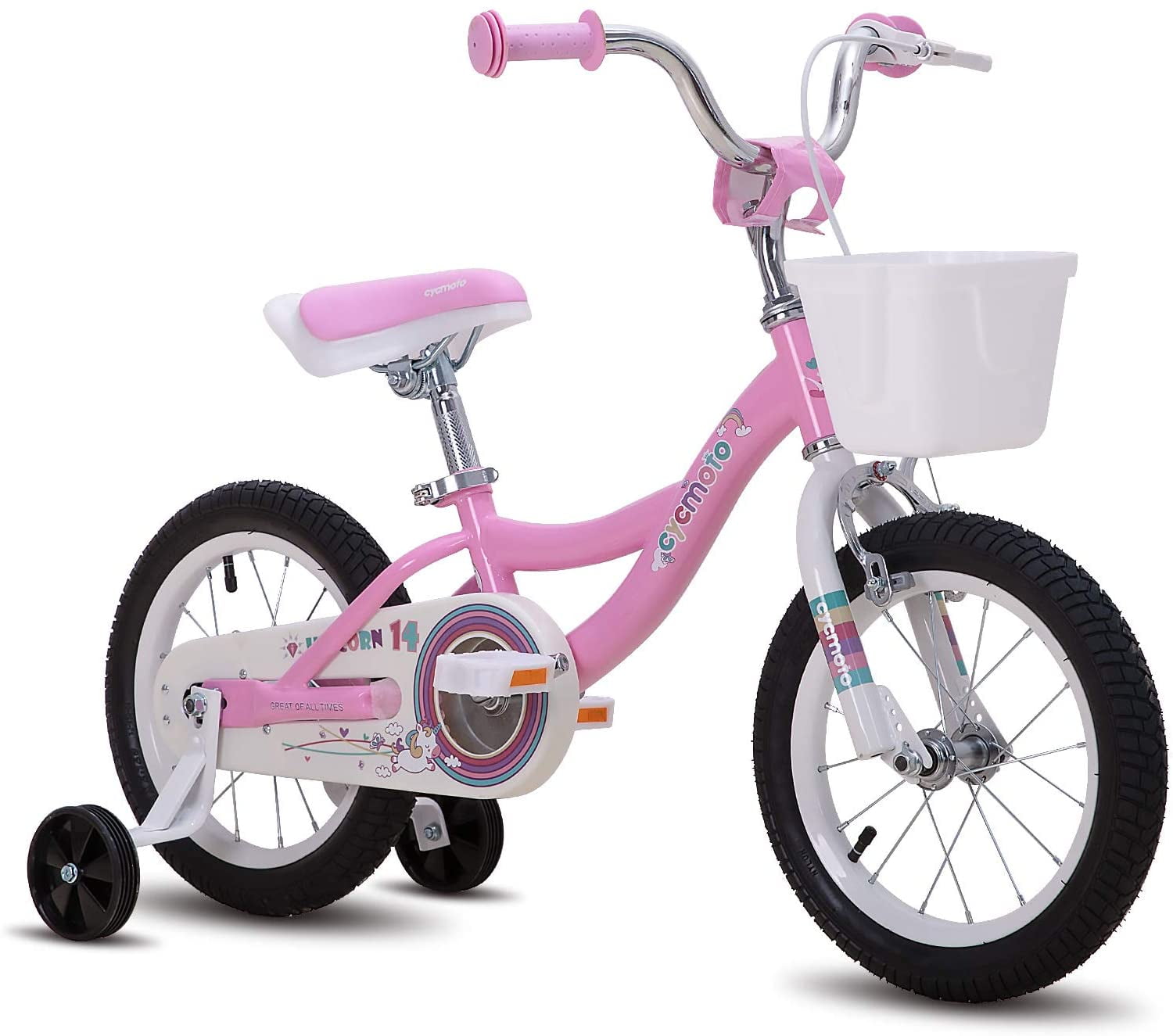 14 & 16 Kids Bicyle with Basket Hand Brake & Training Wheels Blue Pink Purple CYCMOTO Girls Bike for 3-6 Years Child 