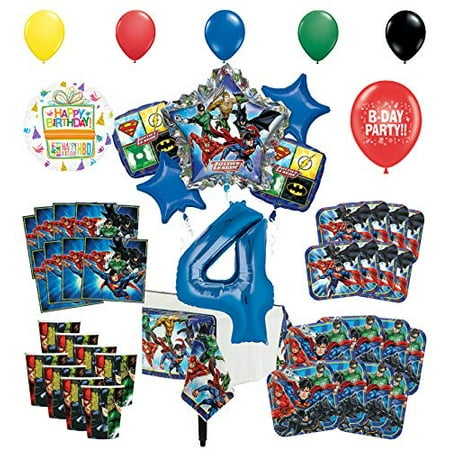 Justice League Balloon Bouquet Justice League 4th Birthday Party Supplies 8 Guest Entertainment kit and Superhero Balloon Bouquet Decorations ()