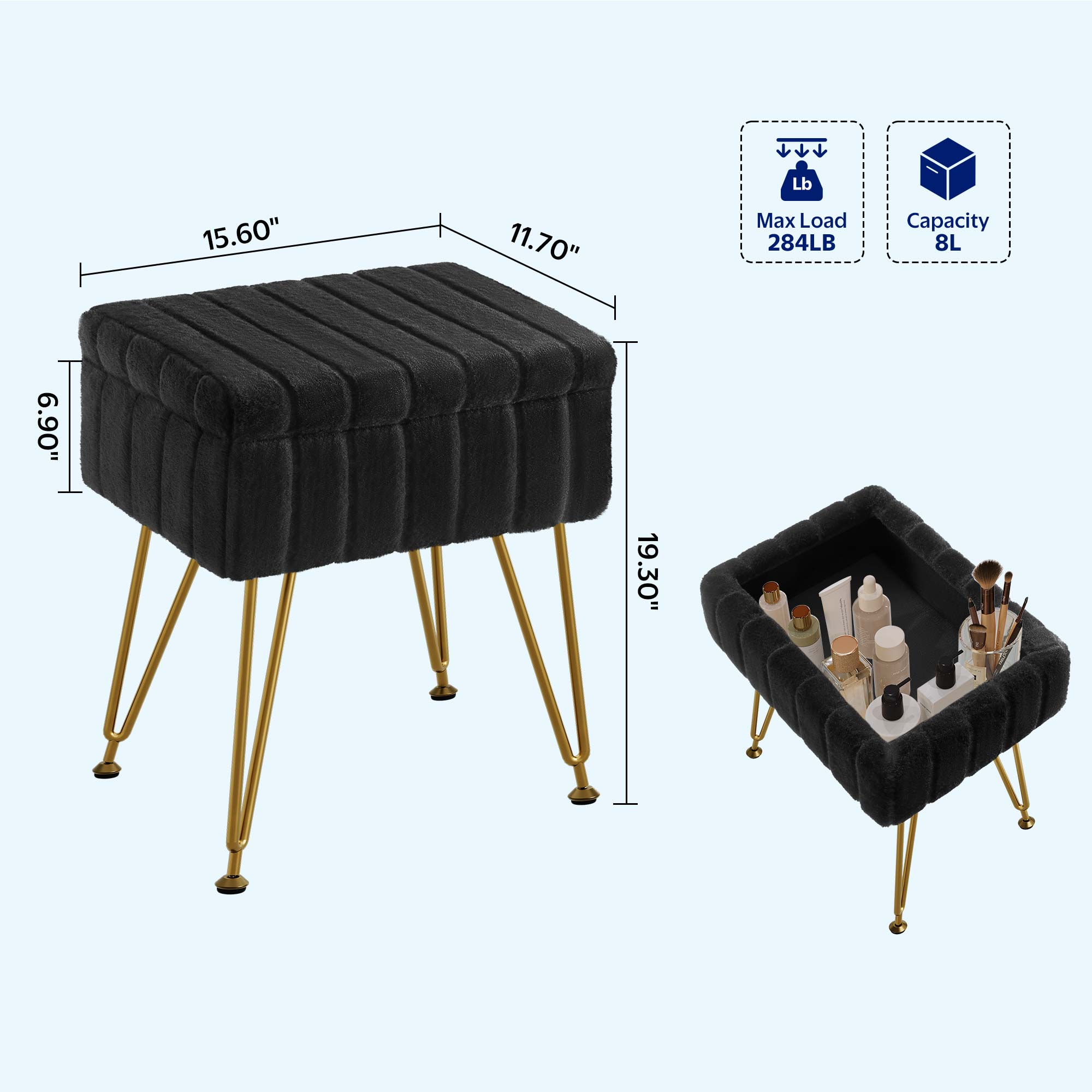 Greenstell Footstools Ottoman Bench with Storage, 15.5”L x 11.6”W x 19.2”H Vanity Faux Fur Padded Stool with Coffee Table Padded Seat and Adjustable Feet for Makeup Bedroom Entryway, Black