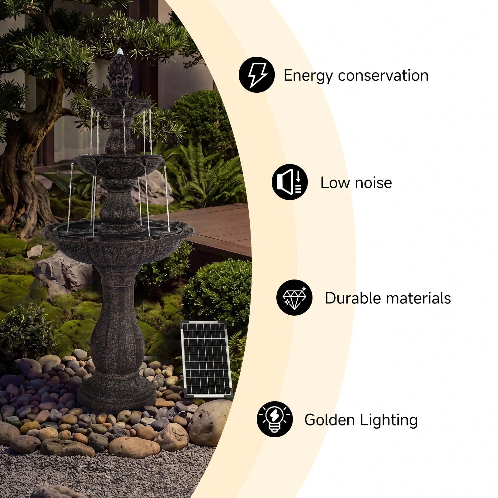 50.5 Inch 3-Tier Solar Outdoor Water Fountain, Pineapple Top Pedestal Waterfall with Warm LED Lights, Weather UV Resistant Resin, Low Noise Energy Saving, for for Yard Patio Home Decor