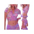 thumbnail image 5 of Women Pink Flare Pants Set Tulle V-Neck Crop Top + High Waist Wide Leg Flared Pant Y2k Streetwear, 5 of 6