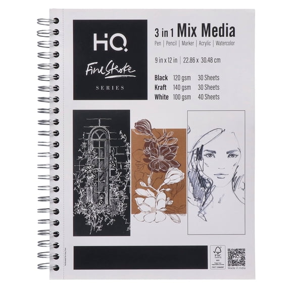HQ Finestroke 3 in 1 Mix Media Sketchbook, 9 x 12 Inches Art Pad, Mixed Paper for Sketching, Drawing and Painting, Top Wiro Binding