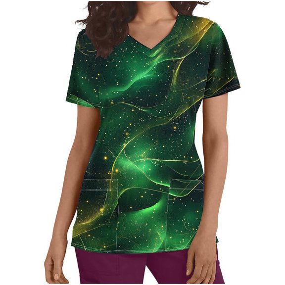 St Patrick's Day Scrub Tops Women, 3/4 Sleeve Blouses Women, V Neck Shirts Top Women's St. Patrick's Day Print Tee Short Sleeved V-Neck Shirt Pocket Nurse Tops Blouse