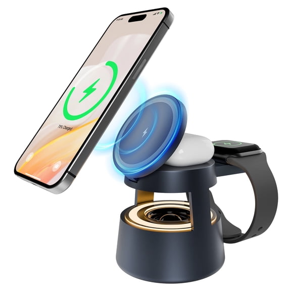 5 in 1 Wireless Magnetic Charging Station for iPhone 16 15 14 13 12 11 8 X XR SE, for AirPods, 18W Fast Charger for iWatch Series, Bluetooth Speaker Night with 3 Level Light