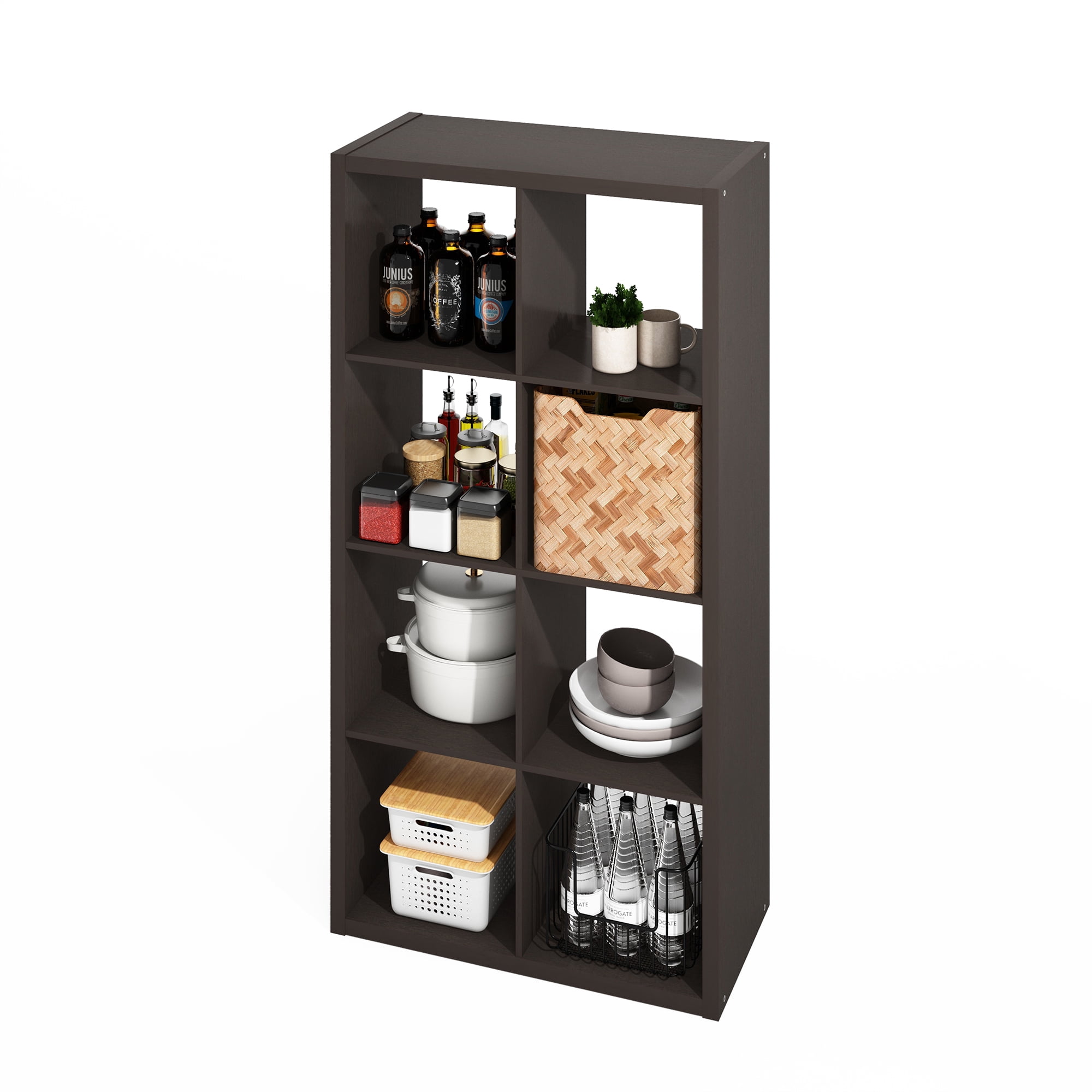 Furinno HERMITE 8 Cube Kitchen Island with Storage Bakers Rack in Black Oak
