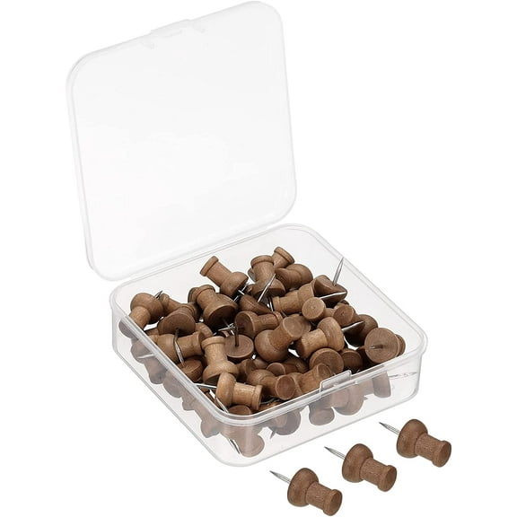 Wooden Push Pins, 50 Pack Thumb Tacks Wood Pushpin Clips for Map Picture Hanging Office Supplies, Brown