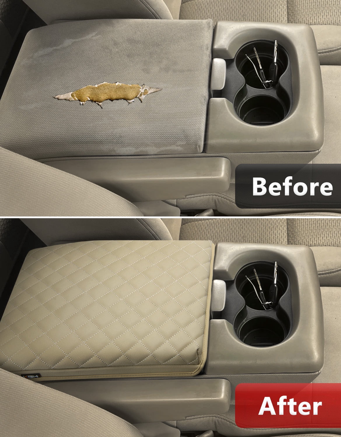 KBH Truck Center Console Cover for 2004-2010 Ford F150 with 40/20/40 Split Bench Jump Seat, Leather Middle Console Armrest Cover Cushion Pad for F150 Accessories Interior, Beige