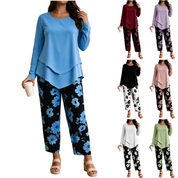 Zormilly Plus Size Outfits for Women 2 Piece Sets Long Sleeve Shirts Printed Wide Leg Pants Soft Lounge Sets, S-5XL