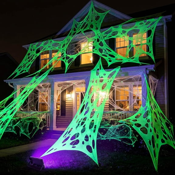 EBaokuup Glow in the Dark Stretchy Spider Web, 472 x 40 Inch Green Halloween Cobweb with Black Light