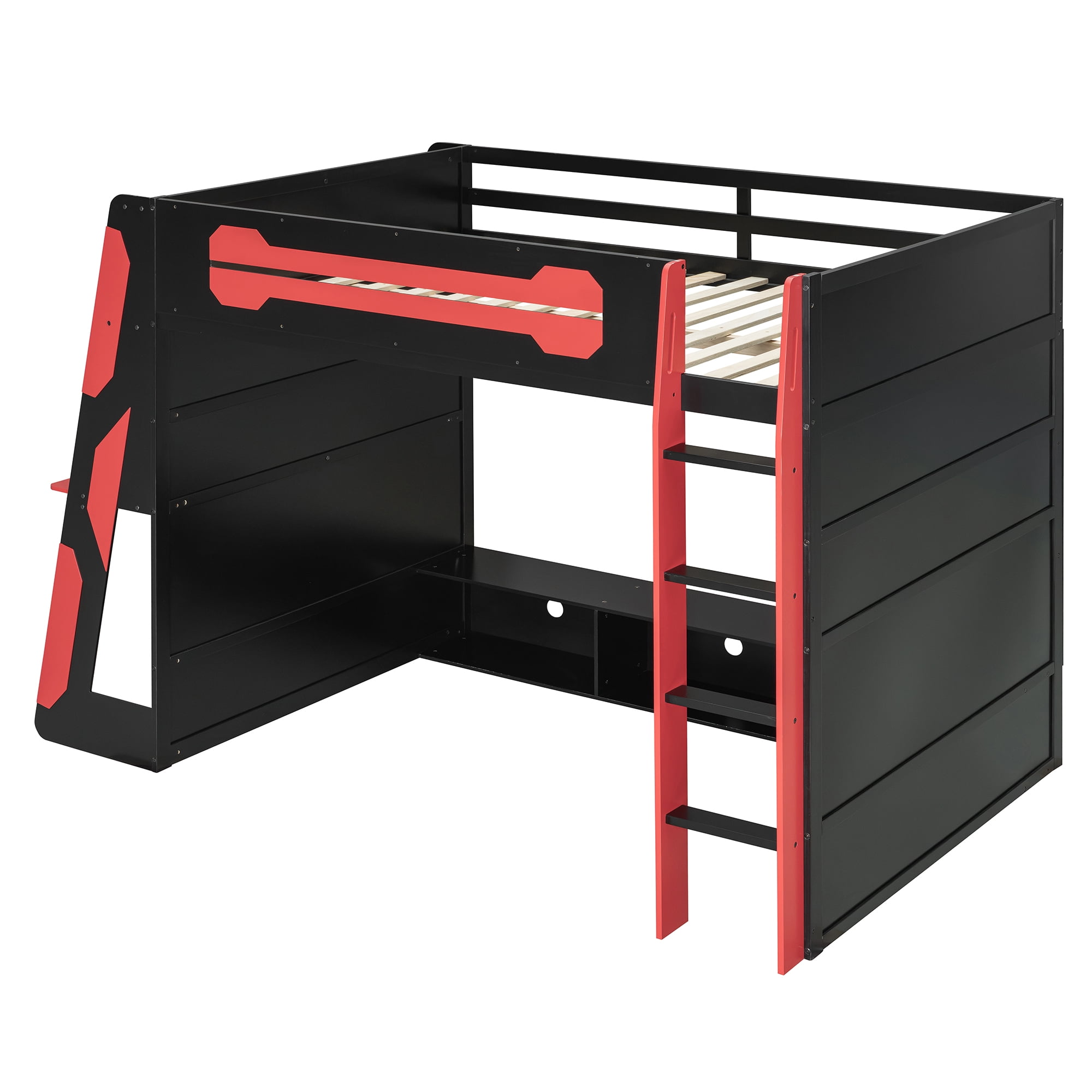 Mintazer Esports Full Size Loft Bed Frame with Gaming Desk & RGB Lights, Gaming Loft Bed with Open Storage Shelves & Charge Station for Teen Boys Bedroom, Red
