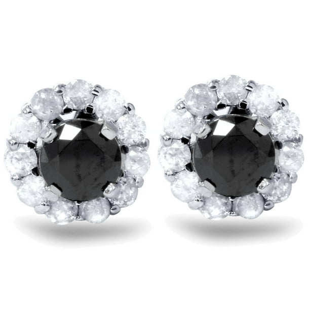 1ct Noir Spinelle Goujons & Diamant Halo Boucles d'Oreilles Vestes 14K Or Blanc