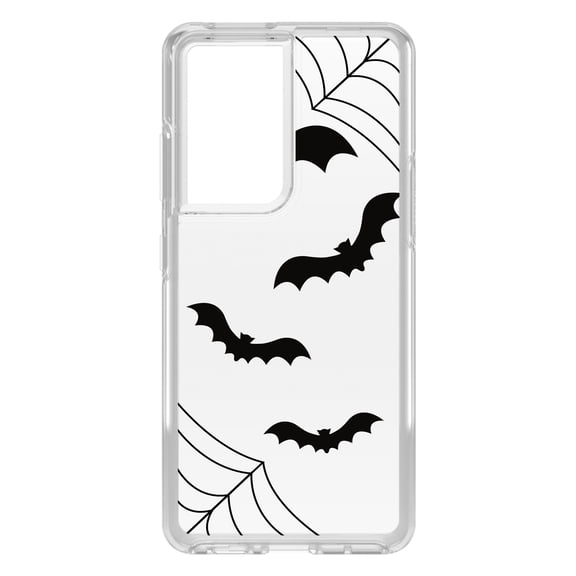 DistinctInk Clear Shockproof Hybrid Case for Galaxy S21 ULTRA 5G (6.8" Screen) - TPU Bumper, Acrylic Back, Tempered Glass Screen Protector - Bats and Spider Webs