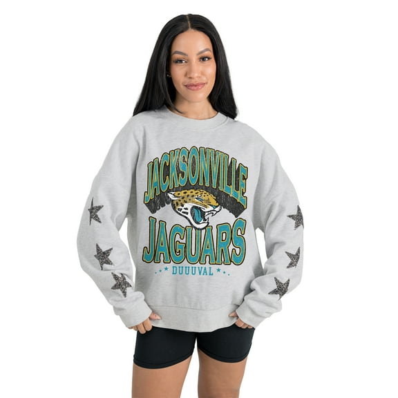 Women's Gameday Couture Ash Jacksonville Jaguars Resilience Relaxed Rhinestone Pullover Sweatshirt