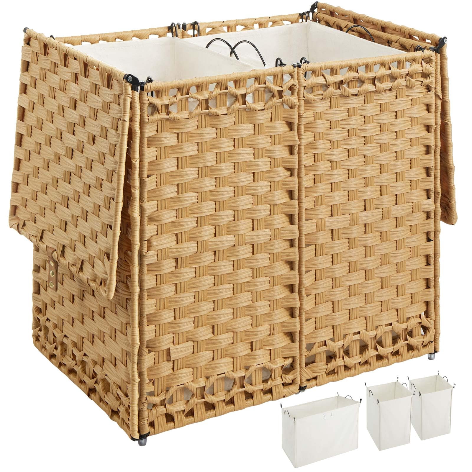 Panier à Linge Double SONGMICS 90L Avec Couvercle - 2 Sacs Amovibles + 6 Filets - Rotin Synthétique - 33x45x60 Cm