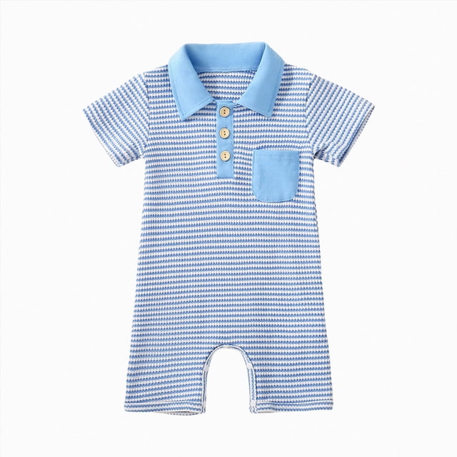 COMVALUE Barboteuse d'Été pour Bébé Garçon, Décontractée et Stylée, Rayée, de Golf, Brodée, à Boutons, à Col, à Manches Courtes (Bleu, 18-24 Mois)