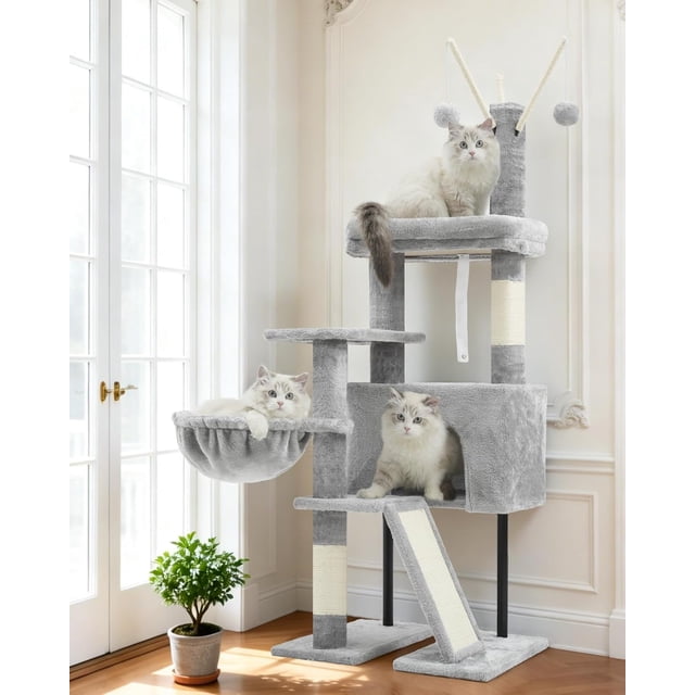 Cat Tree, Cat Tower for Indoor Cats with Scratching Post for Small Cats and Kittens, Cat House with Removable Top Platform and Fluffy Balls, Hanging Cat Basket, Light Gray