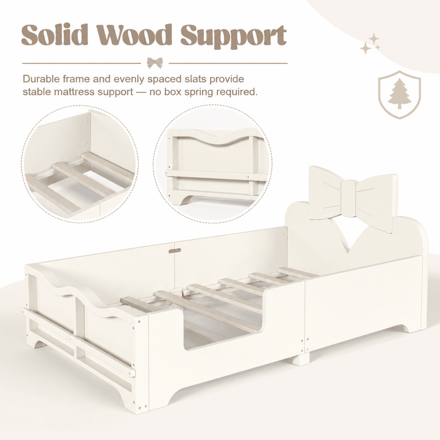 Miniyam Kids Twin Montessori Floor Bed with Guardrails and Built-In Bookshelf, Bowknot Headboard, White