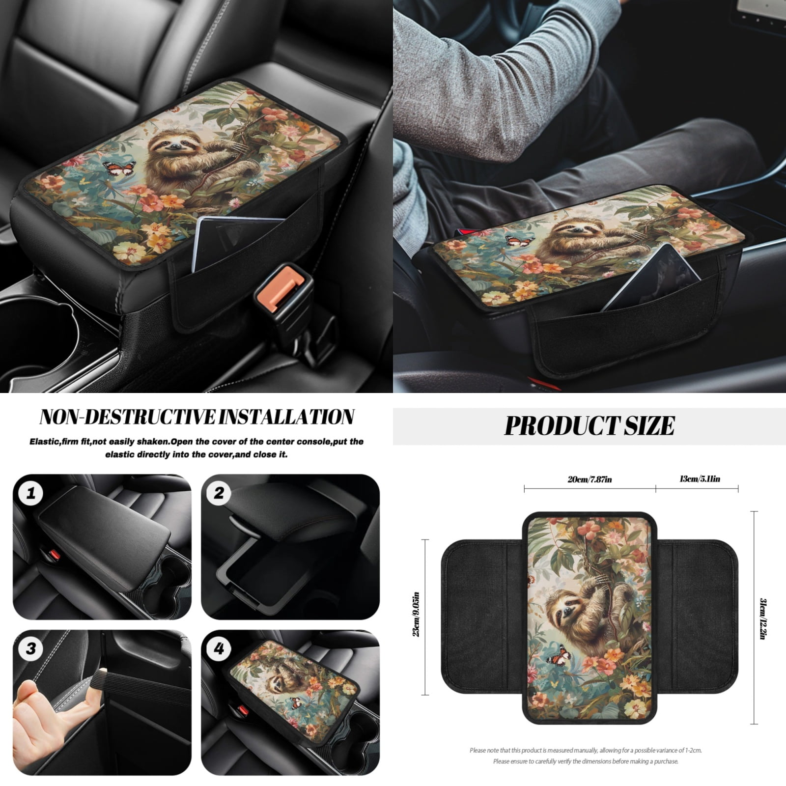Jeiento Sloth 14 PCS Car Accessories Set Car Seat Protector Steering Wheel Cover Seatbelt Strap Pad Trash Can Armrest Cover Pad Cup Coasters Rearview Mirror Cover Handbrake Cover Set for SUV Truck