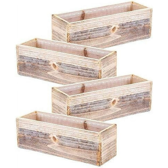 Wood Planter Box Set, Rustic Whitewash, Plastic Liner, 12x4 Inch Rectangular Flower Holder, Natural Wood Decor, Country Style, Home and Wedding Decorations, Garden Ornaments (Set of 4)