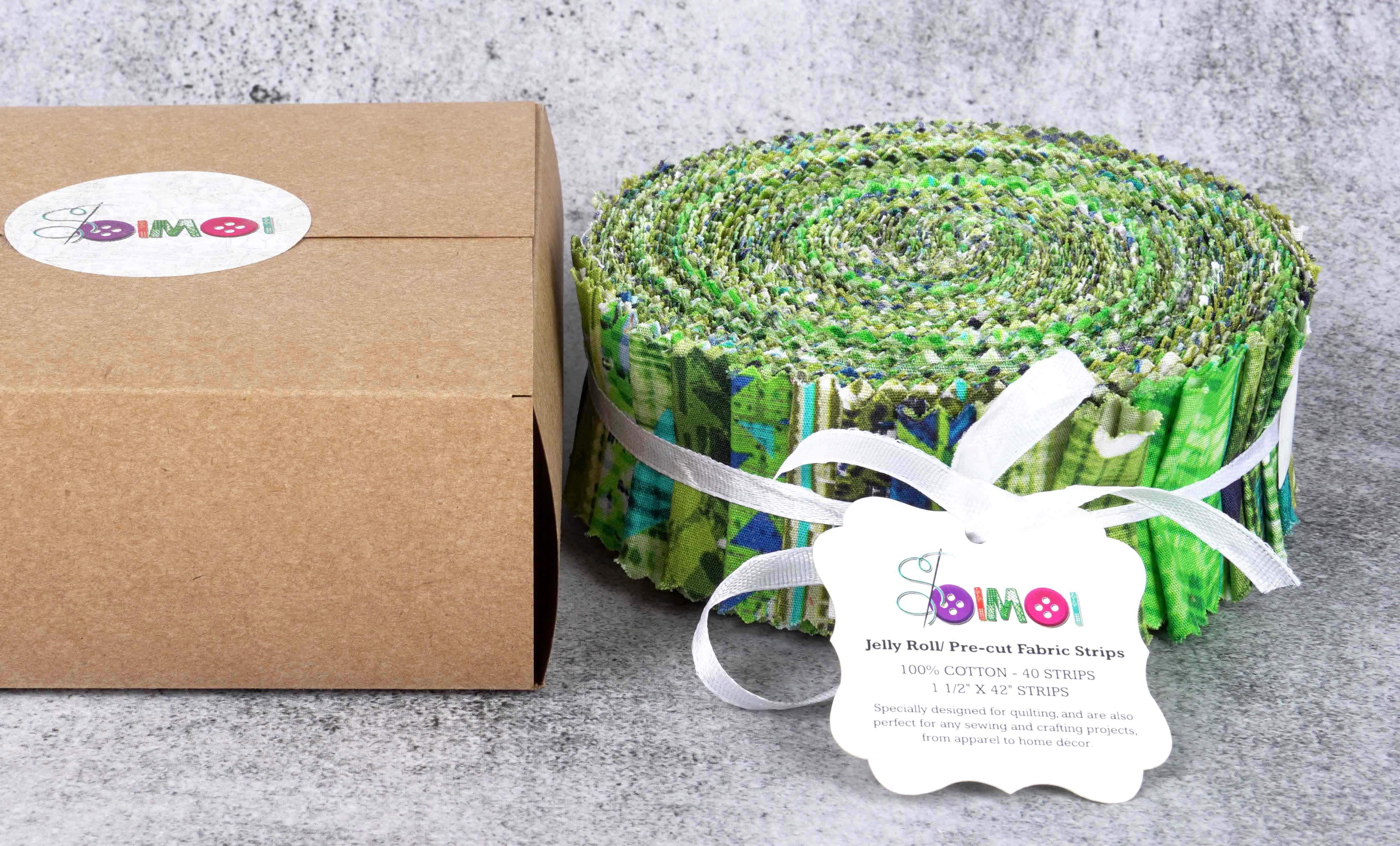 Soimoi 40Pcs Geometric & Texture Print Precut Fabrics Strips Roll Up 1.5x42inches Cotton Jelly Rolls For Quilting - Green
