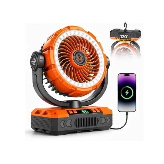 9-Inch Rechargeable Camping Fan 【Auto-Oscillating, Max 60H】20000mAh Portable Battery Powered Operated Fan,Light,Timer,Hook,Outdoor Tent Fans for Patios,Beach,Fishing,Emergency,Camping Gear Essentials