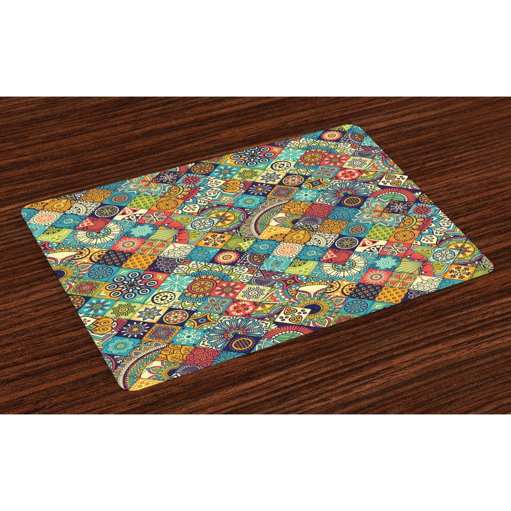 Bohemian Placemats Set of 4 Checkered Pattern with Ethnic Ornamental