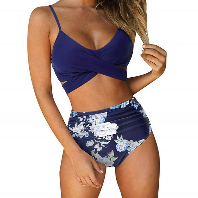 Women High Waisted Bikini Halter V Neck Two Piece Push Up Retro Swimsuits Womens Criss Cross High Waisted String Floral Printed 2 Piece Bathing Suits