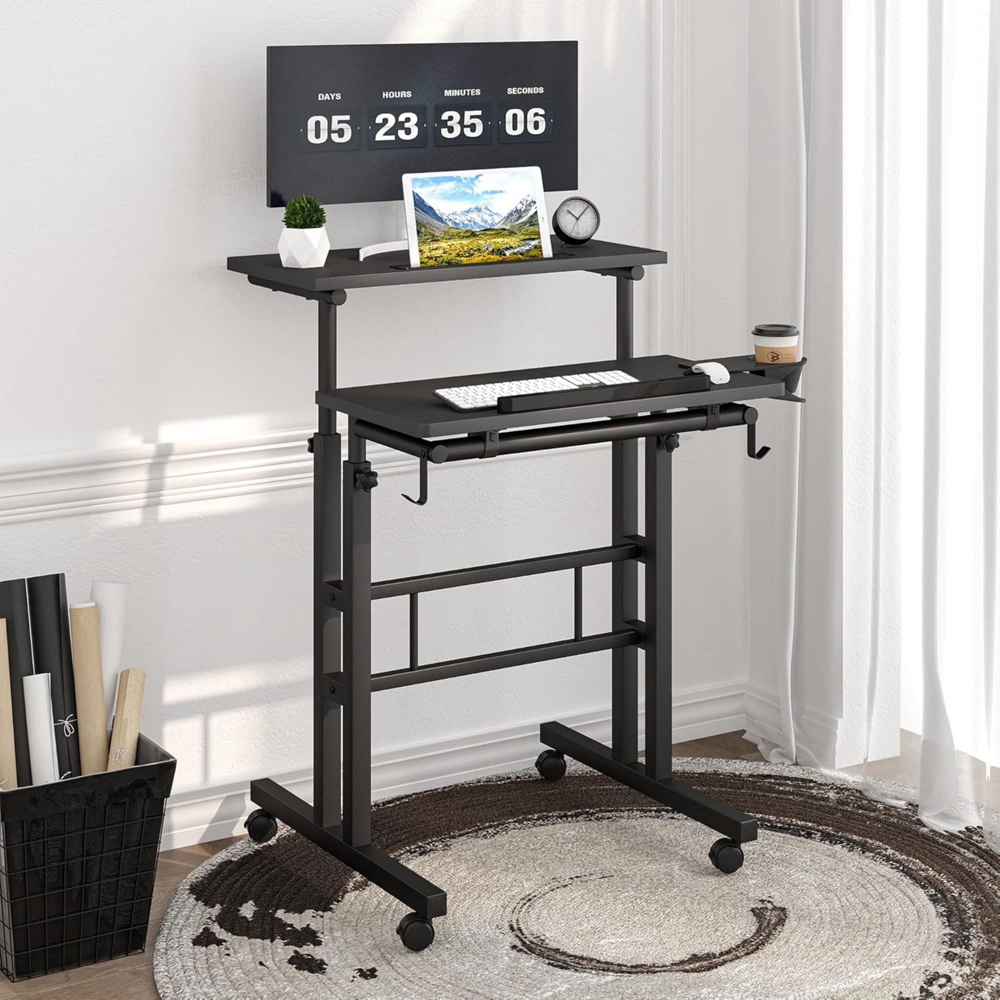 Standing Desk Height Adjustable with 2 Splice Board,Cup Holder,for Home Office, Black