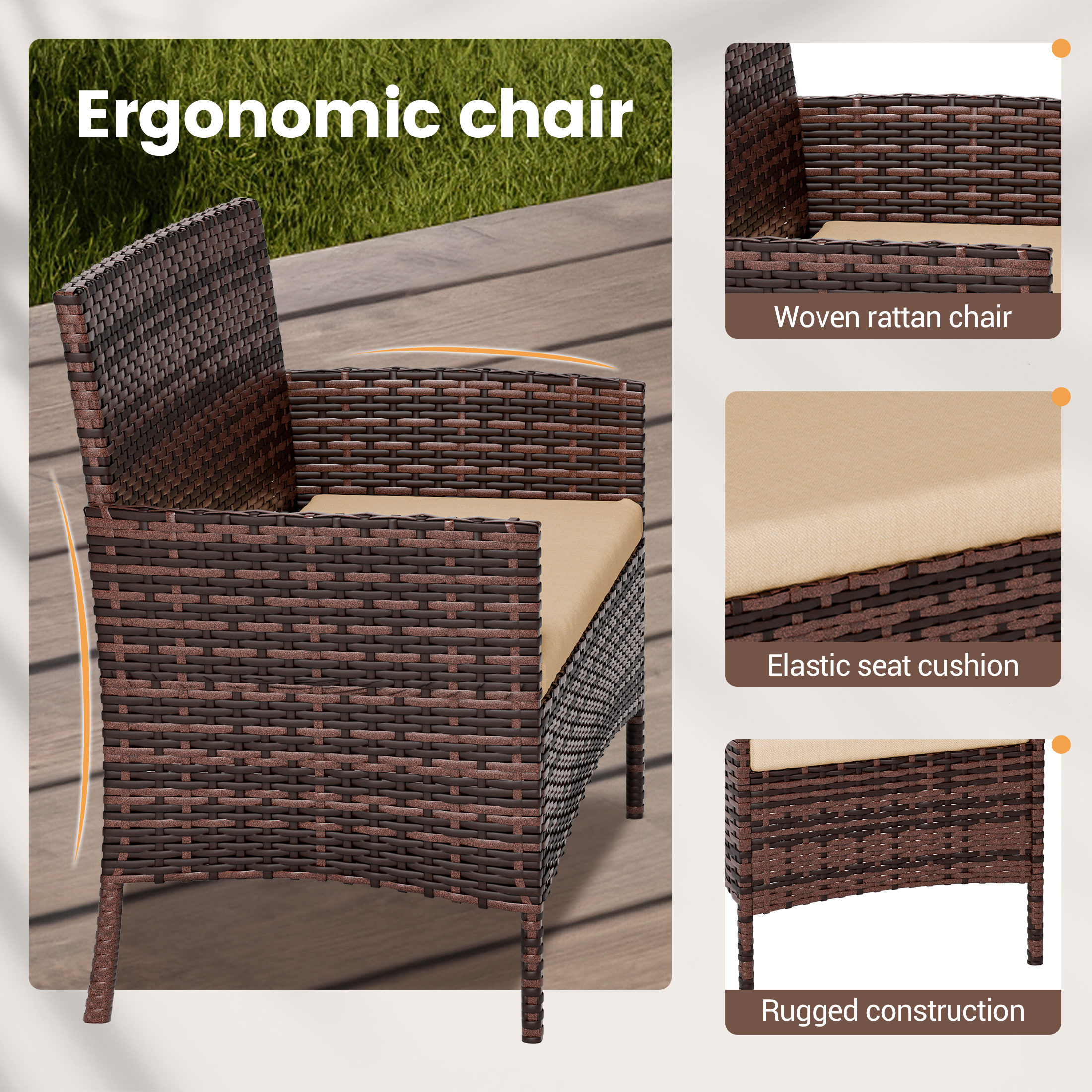 UDPATIO 4 Pieces Outdoor Patio Furniture,Sectional Conversation Sets,Brown PE Rattan Patio Chairs with Table and Loveseat for Balcony, Porch, Backyard,（Khaki Cushion）