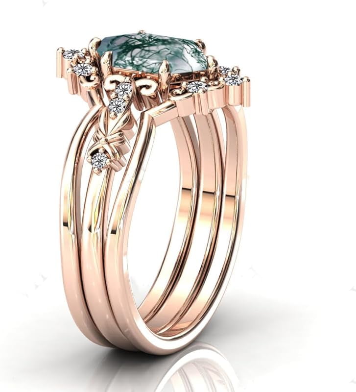 Natural Moss Agate Sterling Silver Rings Set - Leaf Art Deco Hexagon/Pear Moss Agate Engagement Wedding Promise Rings Set - Vintage Unique Bridal Ring Set for Women