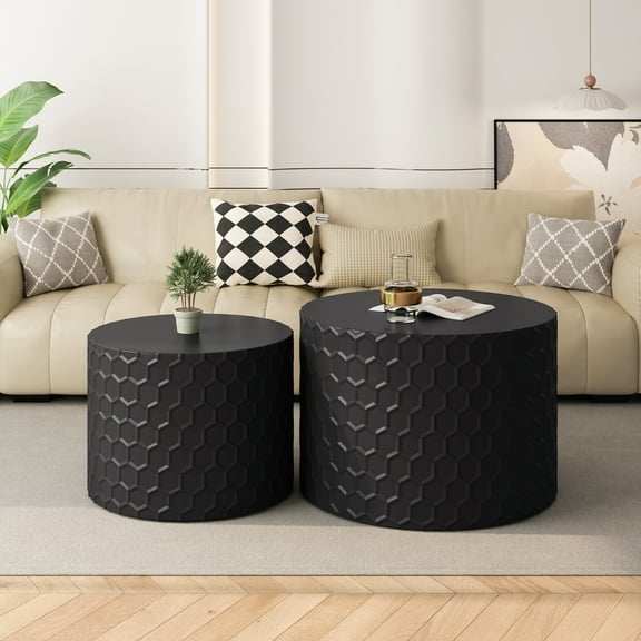 Nesting Coffee Table Set with Honeycomb Design, Modern Round Coffee Table, Drum Circle Coffee Table for Living Room, Bedroom, Black(Set of 2)