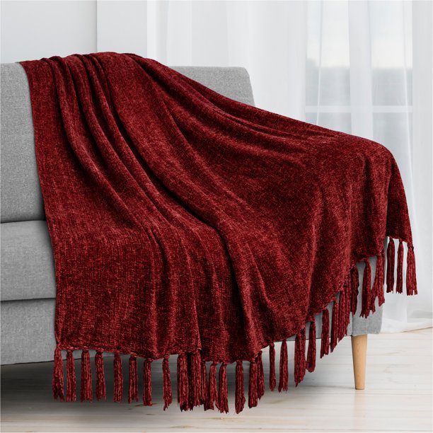 PAVILIA Chenille Tassel Fringe Throw Blanket Velvety Texture