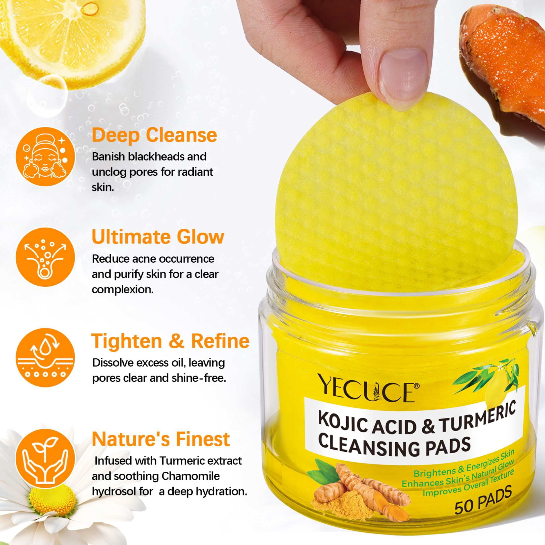 Yecuce 3-Pack Turmeric Kojic Acid Cleansing Pads -Cleansing & Hydrating Facial Pads, Facial Cleansing for All Skin Type