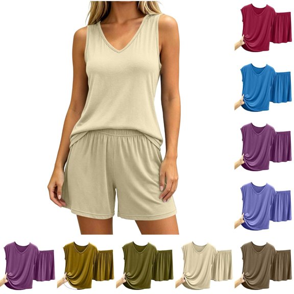Tqcoqu Women's Solid Modal 2 Piece Pajama Set, V Neck Sleeveless Tank Top & Elastic Waist Shorts Soft, Summer Loungewear Sleepwear Outfit Set for Women,Beige Women's M-XXL