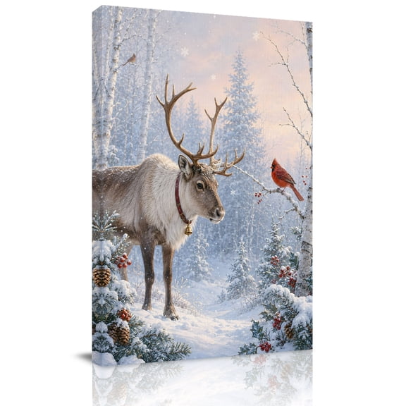 Canvas Wall Art, Winter Christmas Framed Canvas Prints for Bedroom Dining Room, Forest Elk Cardinal Pine Trees Snowy Berry Large Gallery Wrapped Wall Decor for Home Office, Gifts, 20"x24"