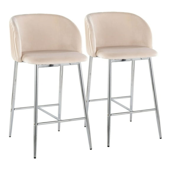 Fran Pleated Contemporary Glam Fixed-Height Counter Stool In Chrome Metal And White Velvet - Set Of 2