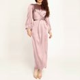 thumbnail image 4 of Abcnature Womens Long Sleeve Midi Long Dress Wrap Round Neck Tiered Fall Vintage Maxi Dresses Solid Satin Soft Waist and Ankle Dress Pink S, 4 of 5