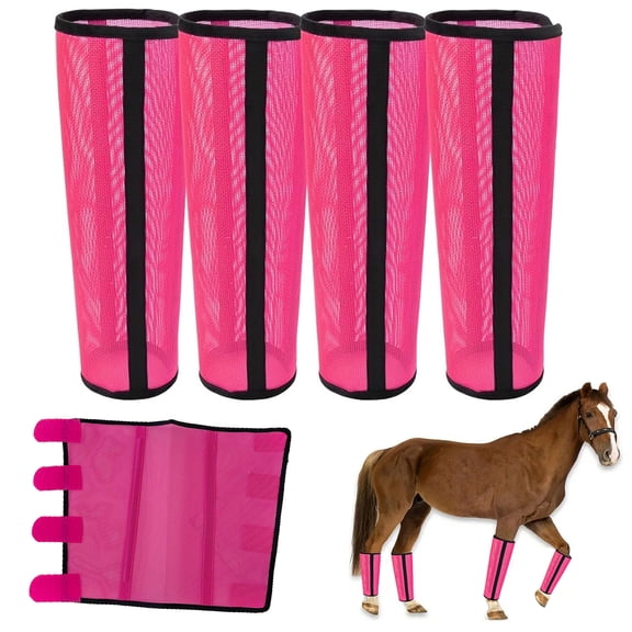 Haooryx Horse Fly Boots with Velcro Fastening, 4Pcs Adjustable Leg Protection Durable Mesh Ventilated Non Slip Leg Guards for Horses, Pink