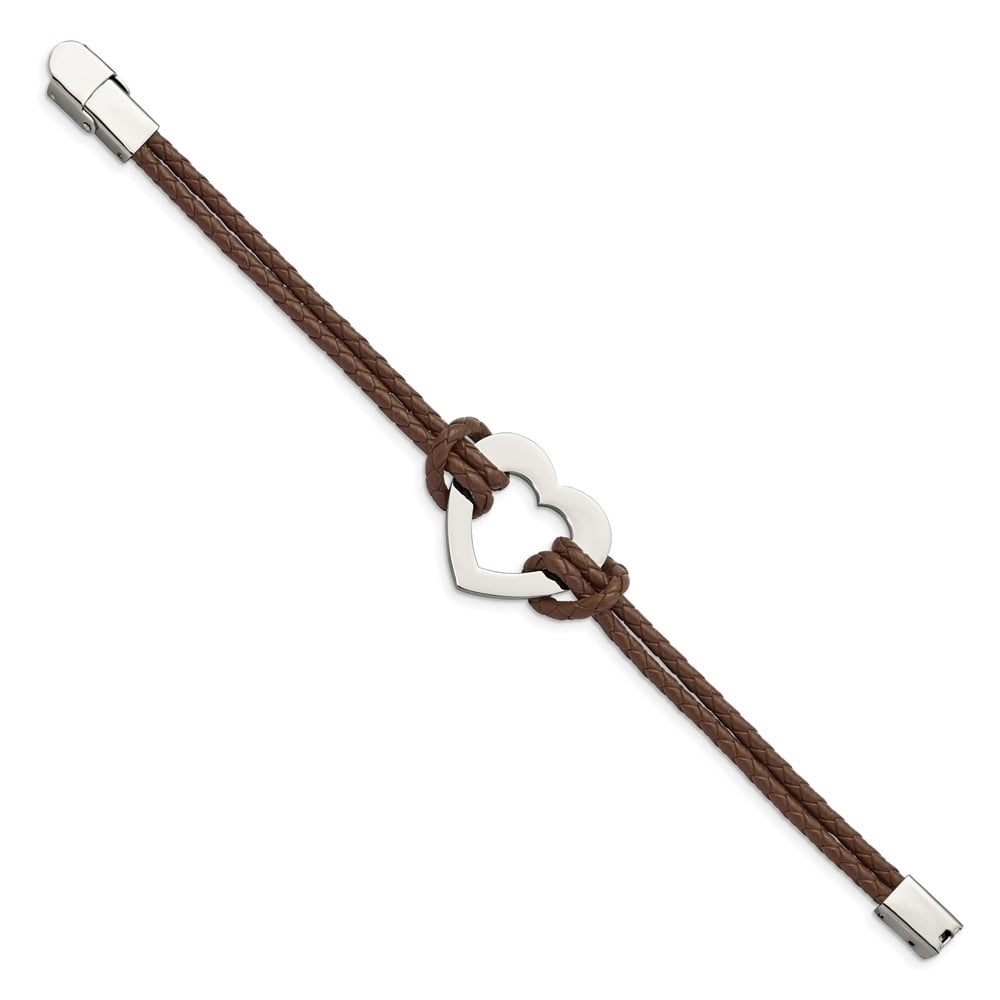 Auriga Fine Jewelry Stainless Steel Polished Heart Brown Braided Leather 7.5 " Bracelet for Men