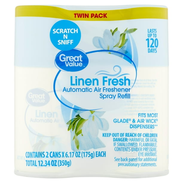 Great Value Automatic Air Freshener Spray Refill, Linen Fresh, 12.34 oz, 2 Count