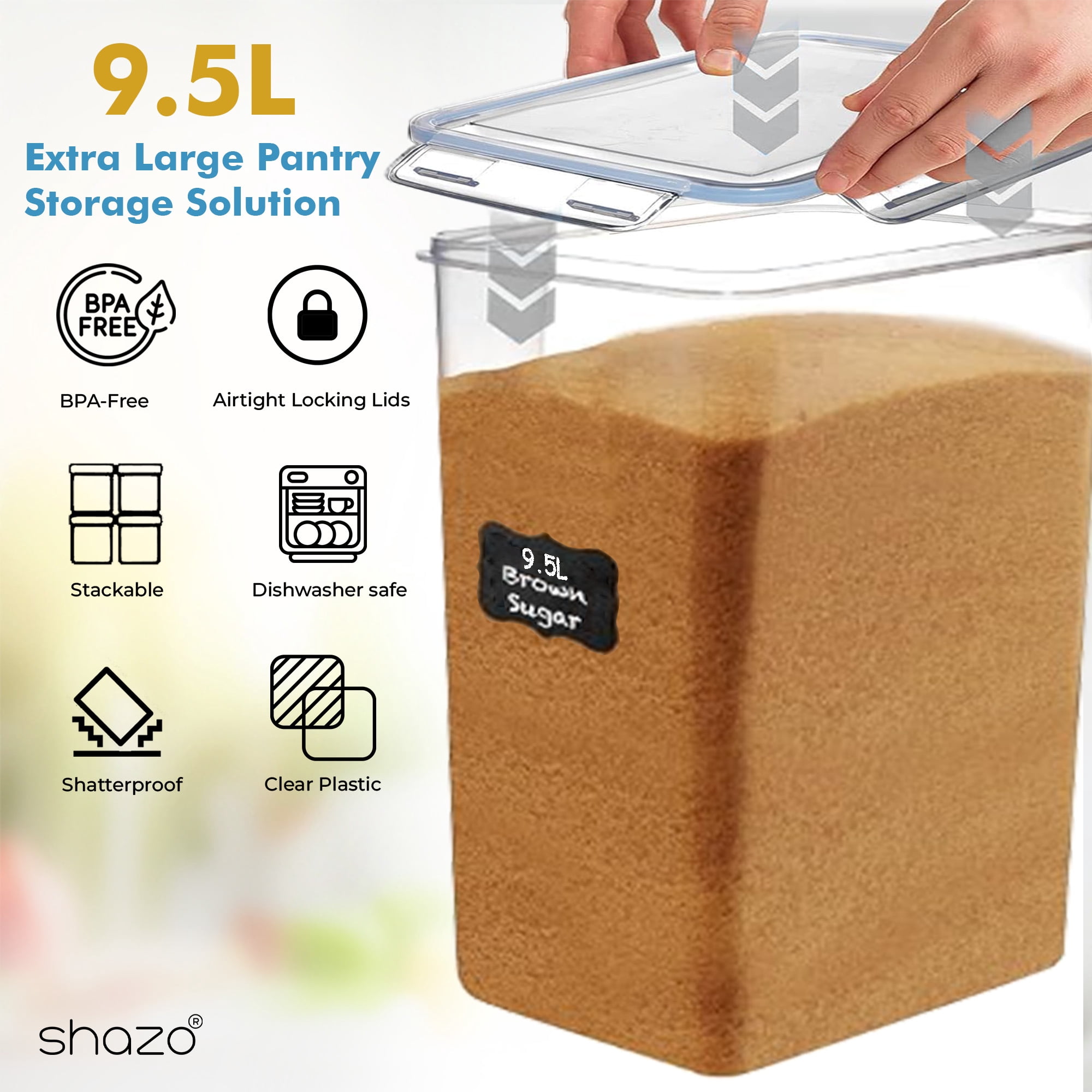 Shazo 2PC (9.5L | 321 oz) Extra Large Airtight Flour Sugar Storage Containers, BPA Free Plastic Food Storage Containers with Lids, Includes 2 Measuring Spoon