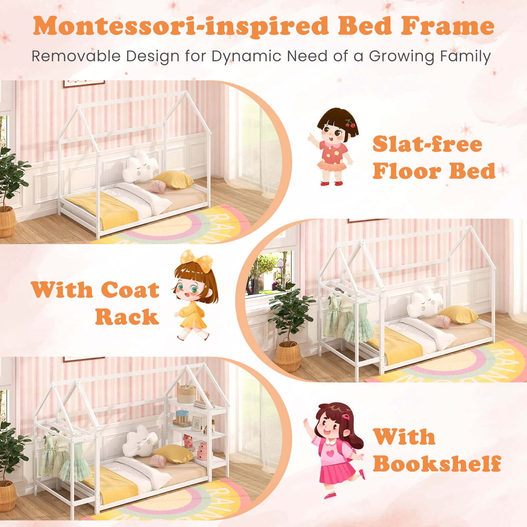 Costway Twin Size House Bed Montessori Floor Bed with Detachable Storage Shelves White
