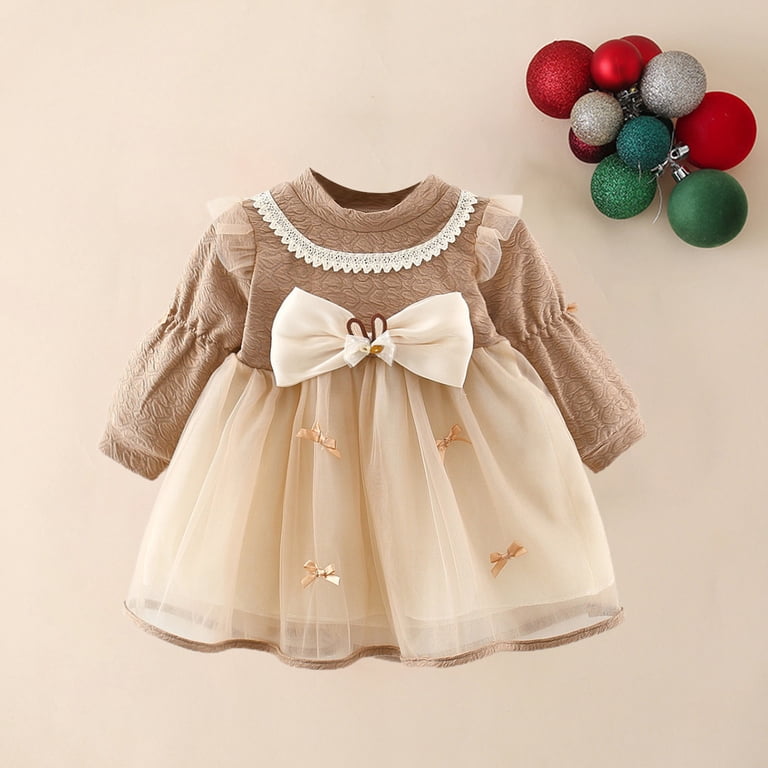Usnsm Baby Girl Mesh Dress Color Block Ruffle Long Sleeve Princess Bow Dress Headband Toddler Cute Fall Knitted Dress Beige 1Y, Infant Unisex