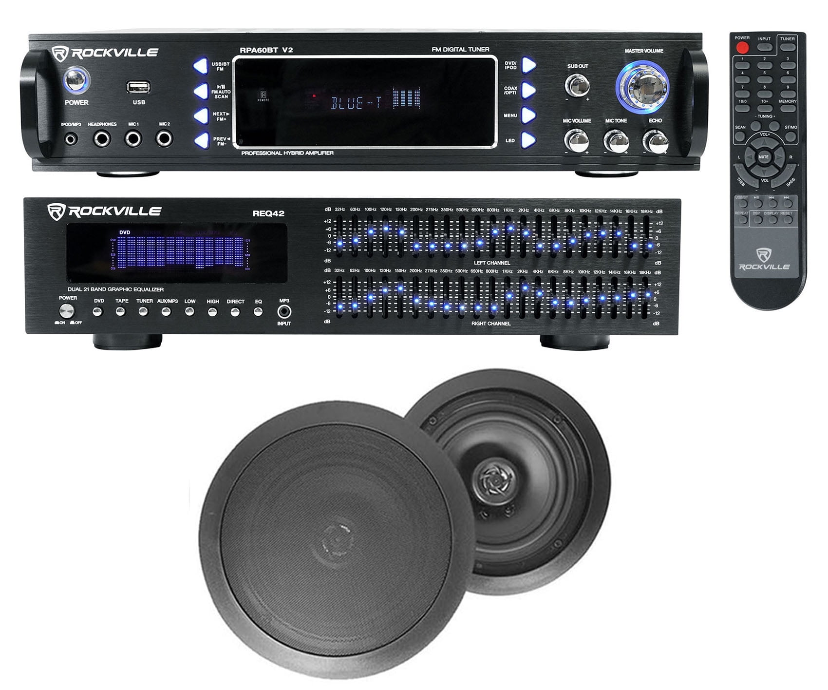 Home Theater Bluetooth Receiver+Equalizer EQ+(2) 8" Black Ceiling Speakers